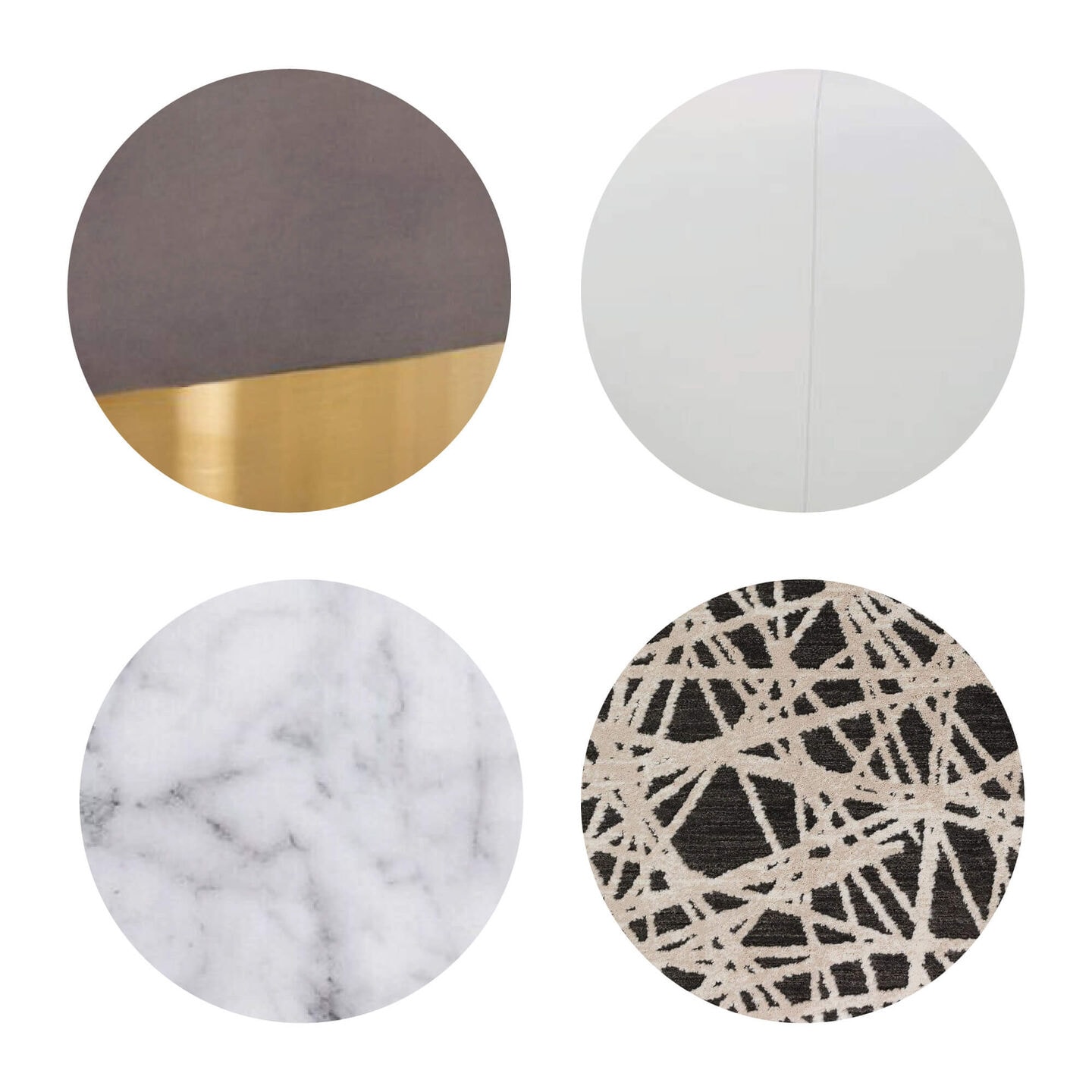 Quiet modern swatches including gold and grey, white, marble, and a black and cream pattern