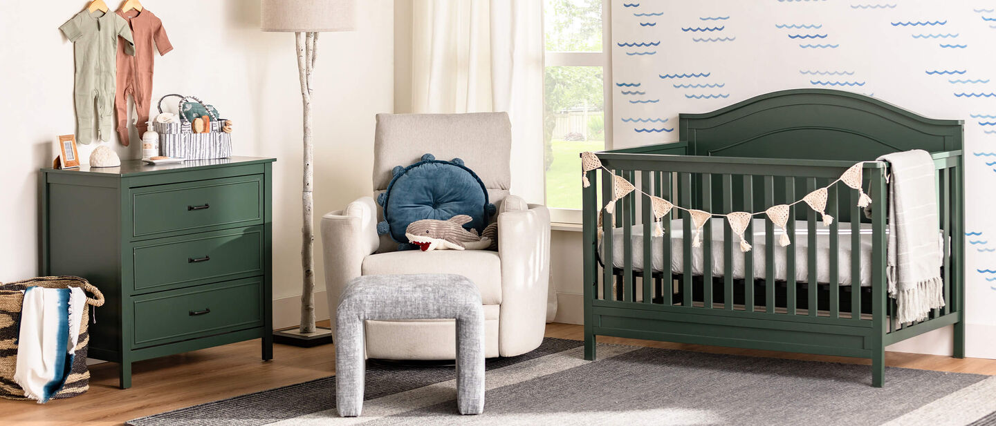 Baby nursery bedroom with Haus Charlie Nursery Set in dark green