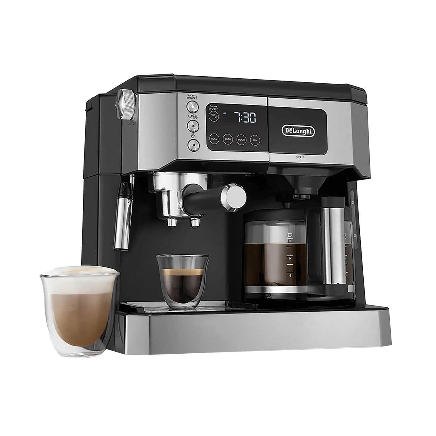 De'Longhi All-In-One Cappuccino, Espresso with Coffee Maker in Black and Stainless Steel