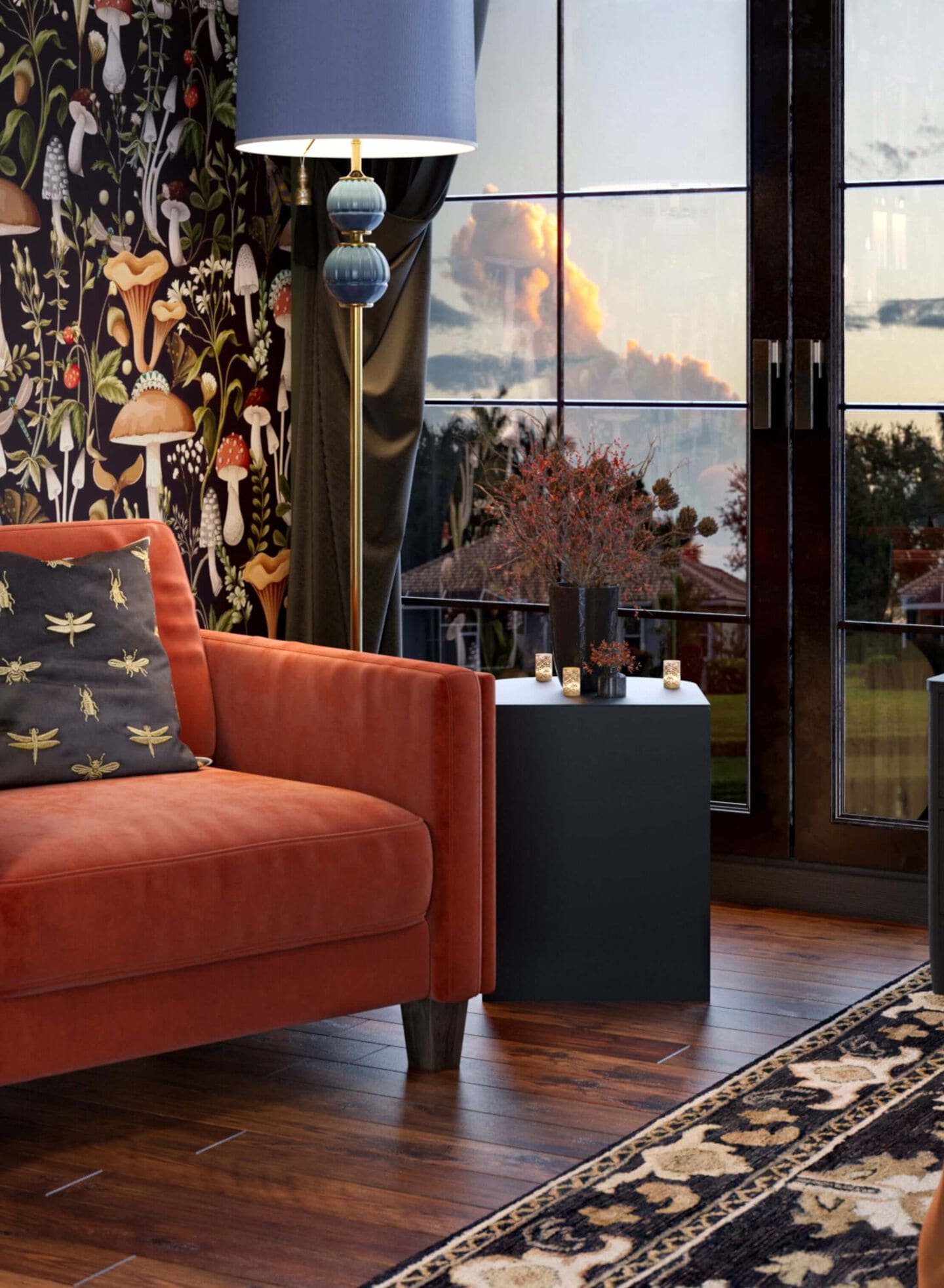 A living room with burnt orange chair, blue tall lamp, rug, dark wallpaper and a big window.