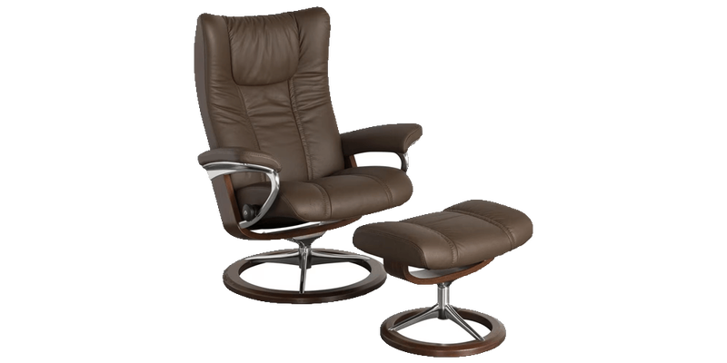 Stressless Wing Medium Leather Chair and Ottoman in Paloma Chestnut