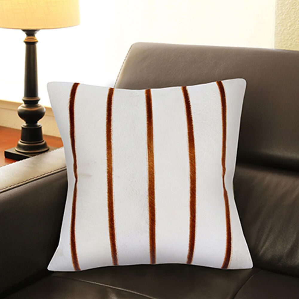 L.R. Home 18&quot; x 18&quot; Stripe Faux Cowhide Throw Pillow in Ivory and Brown, , large