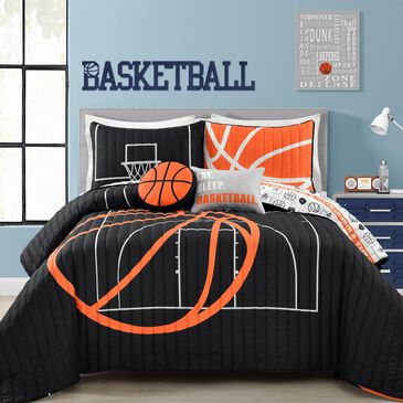 Triangle Home Fashions Basketball Game 5-Piece Full/Queen Quilt Set in Black and Orange, , large