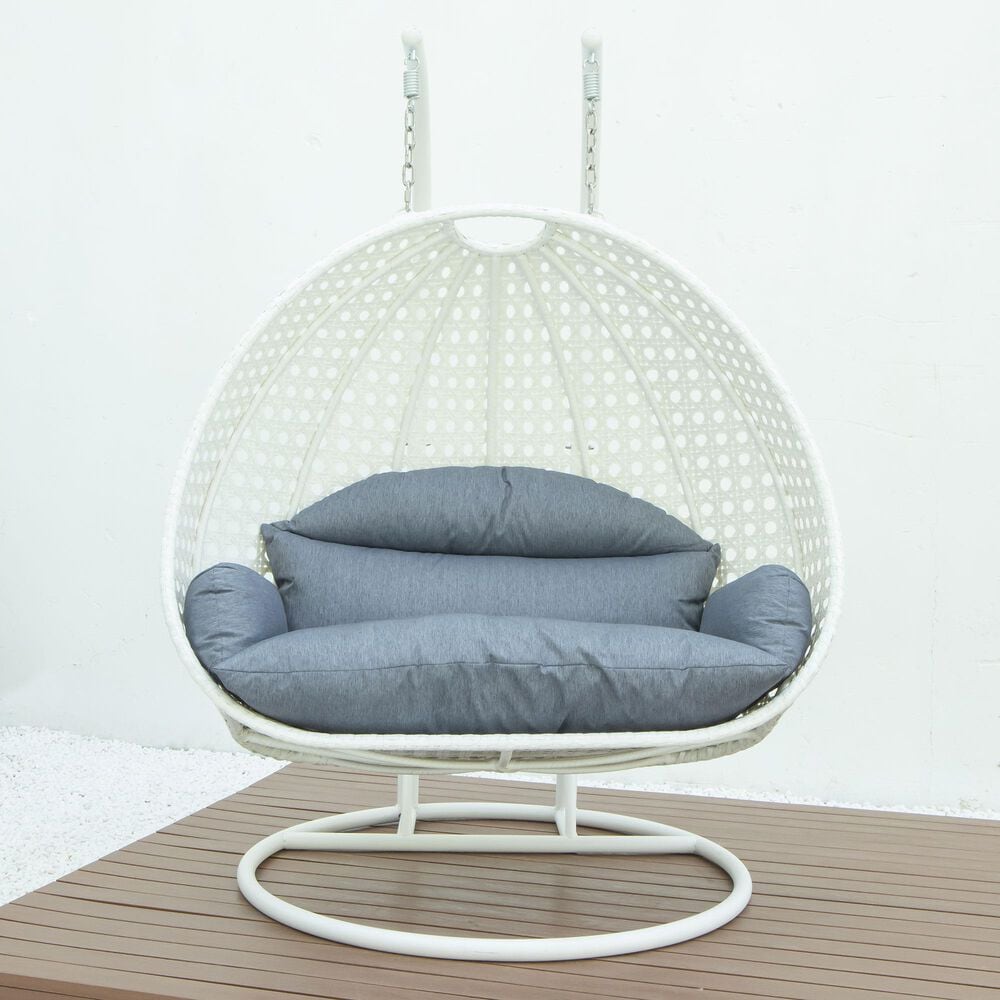 Leisuremod 2-Seat Hanging Egg Swing Chair with Charcoal Blue Cushion in White, , large