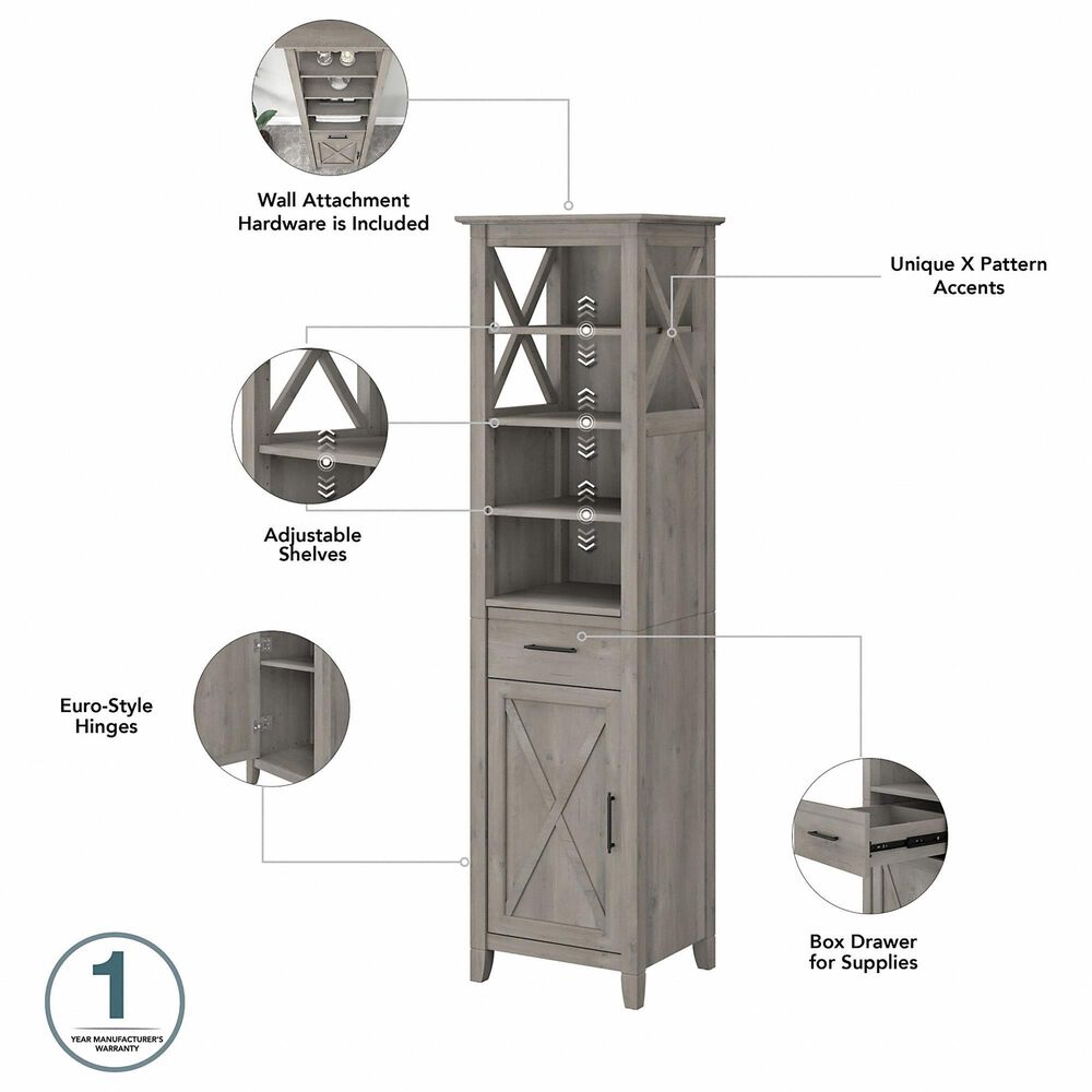 Bush Furniture Key West Tall Bathroom Storage Cabinet in Driftwood Gray