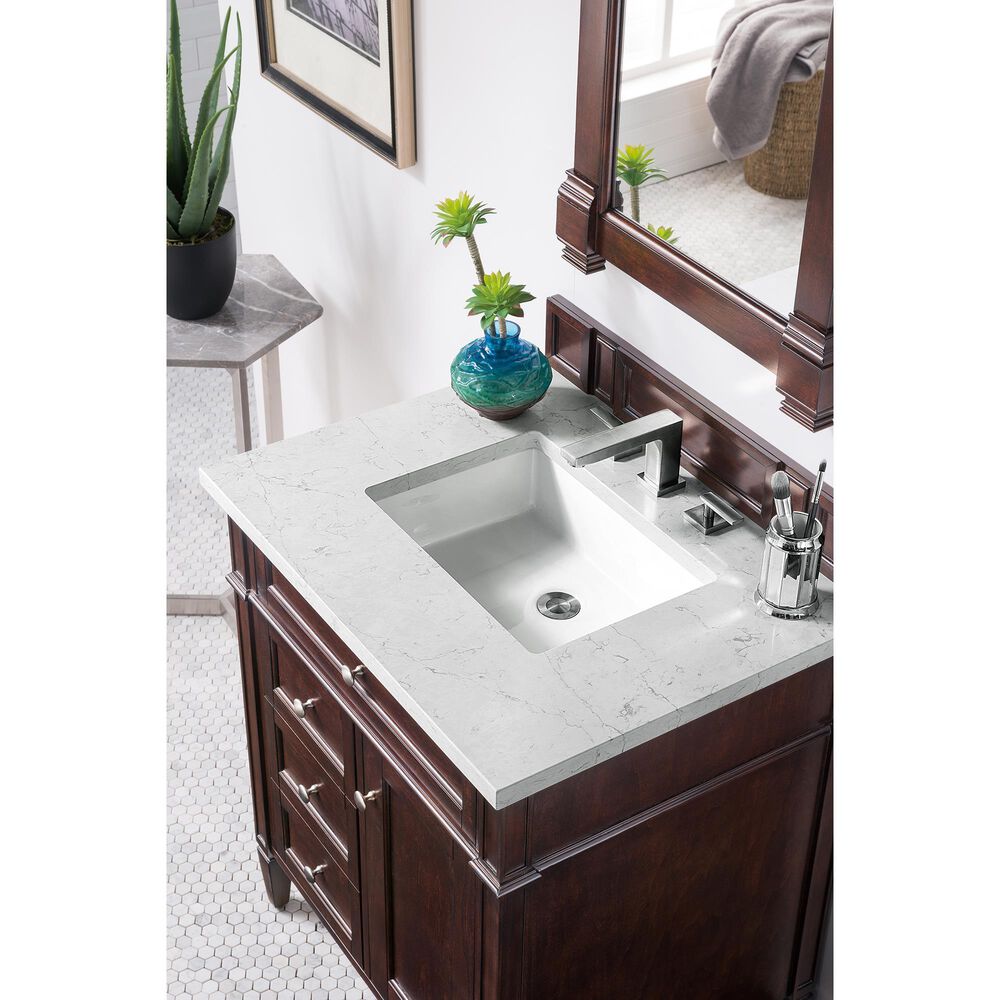James Martin Brittany 30&quot; Single Bathroom Vanity in Burnished Mahogany with 3 cm Eternal Jasmine Pearl Quartz Top and Rectangle Sink, , large
