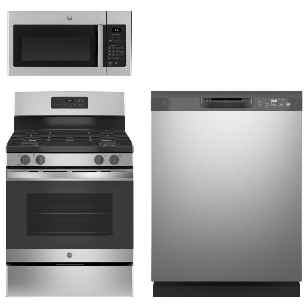 GE 3-Piece Kitchen Package with 30" Free-Standing Gas Range and 1.6 Cu. Ft. Microwave Oven in Stainless Steel and Gray, , large