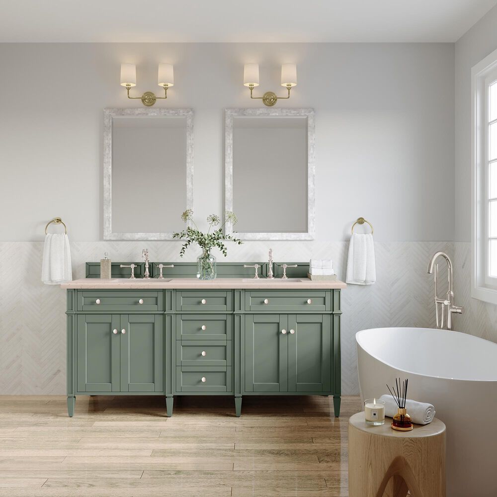 James Martin Brittany 72&quot; Double Bathroom Vanity in Smokey Celadon with 3 cm Eternal Marfil Quartz Top and Rectangular Sinks, , large