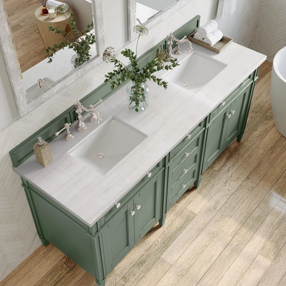 James Martin Brittany 72&quot; Double Bathroom Vanity in Smokey Celadon with 3 cm Arctic Fall Solid Surface Top and Rectangular Sinks, , large