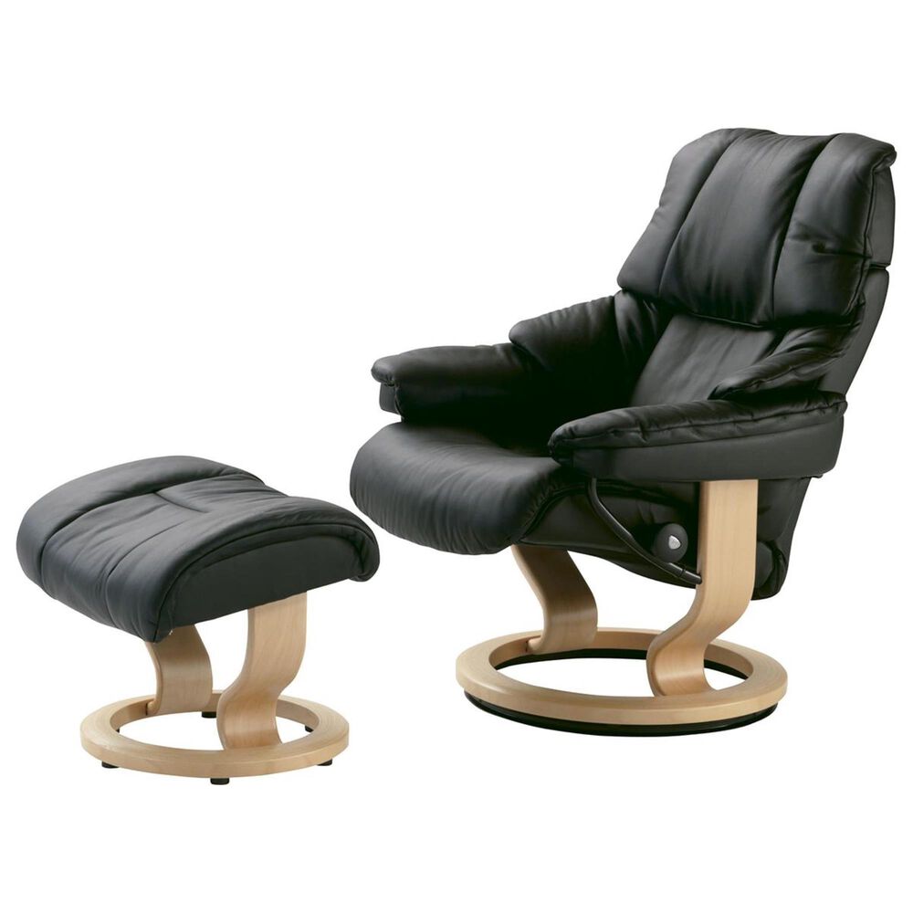 Stressless Reno Medium Chair and Ottoman with Natural Classic Base in Paloma Black, , large