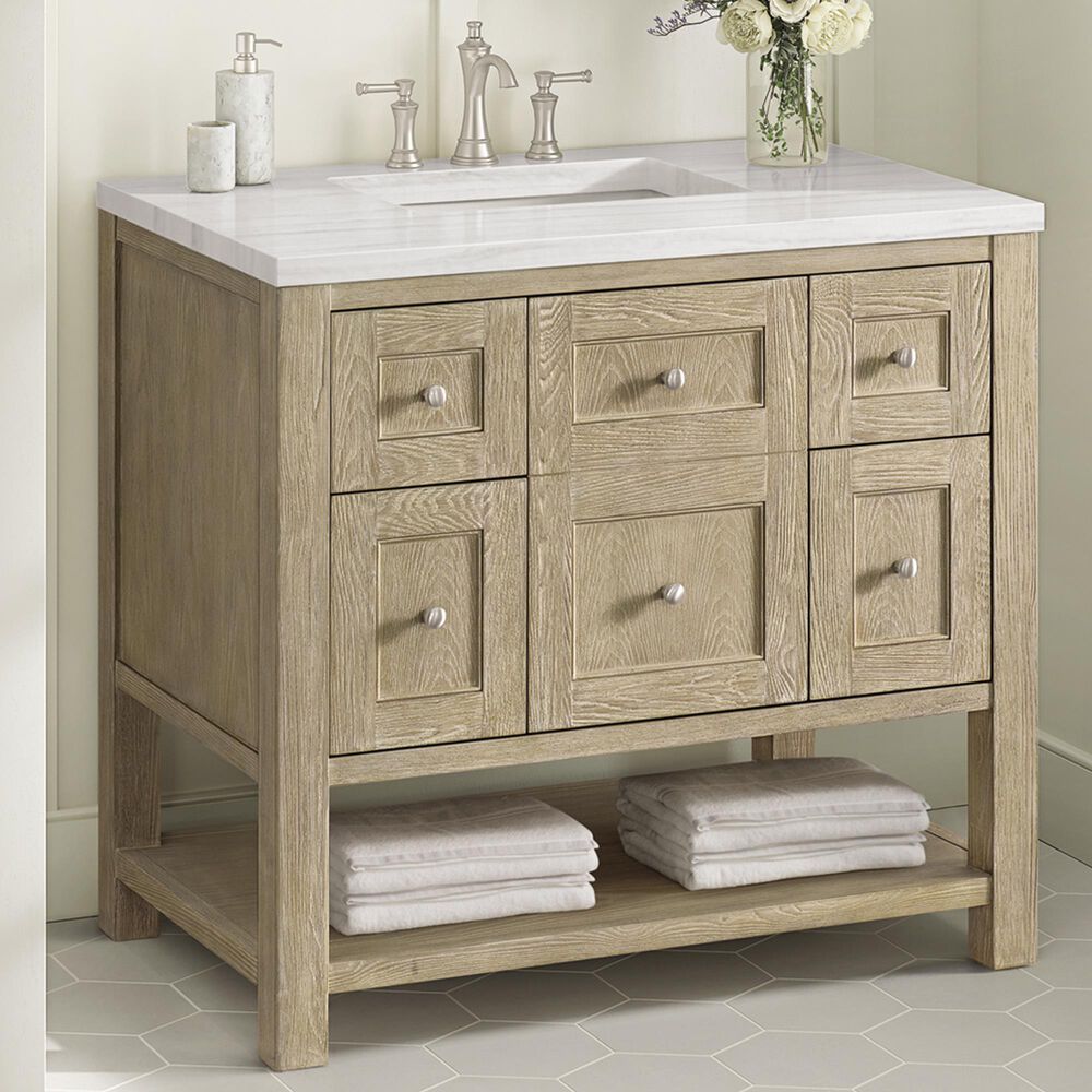 James Martin Breckenridge 36&quot; Single Vanity in Whitewashed Oak with 3 cm Arctic Fall Solid Surface Top, , large