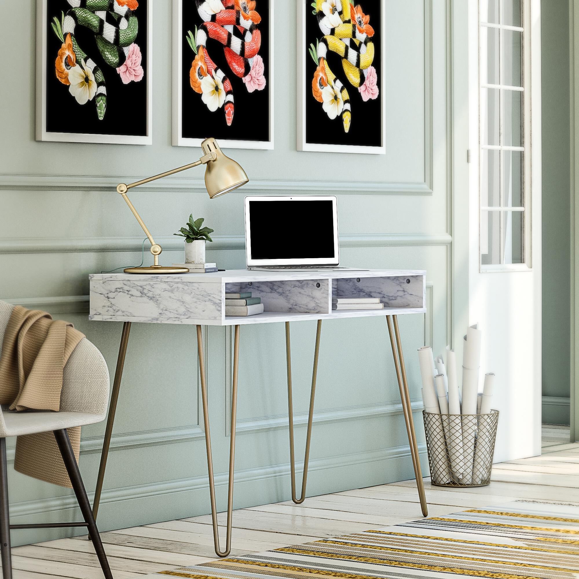 white marble desk with gold legs