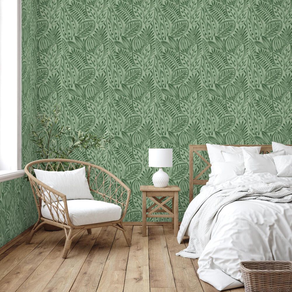 Tempaper Canvas Palm 198&quot; x 20.5&quot; Peel and Stick Wallpaper in Green Grove, , large