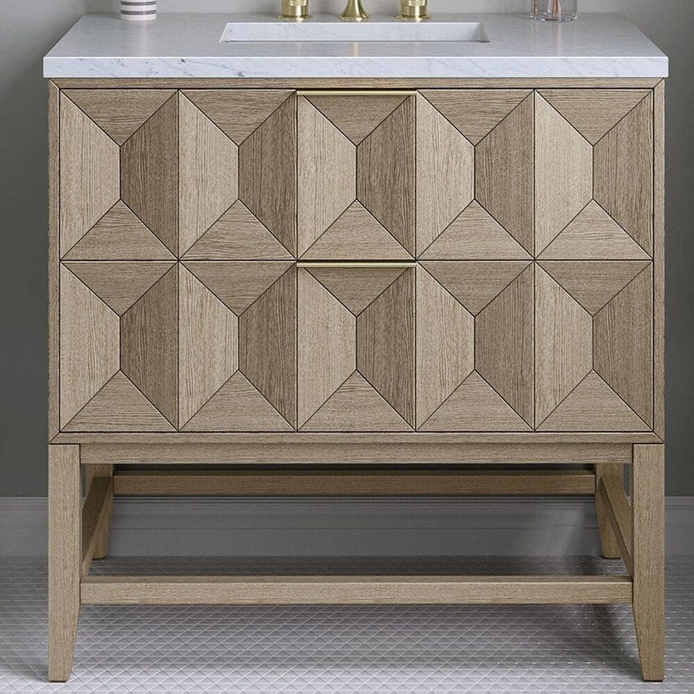 James Martin Emmeline 36&quot; Single Bathroom Vanity in Pebble Oak with 3 cm Carrara White Marble Top and Rectangular Sink, , large