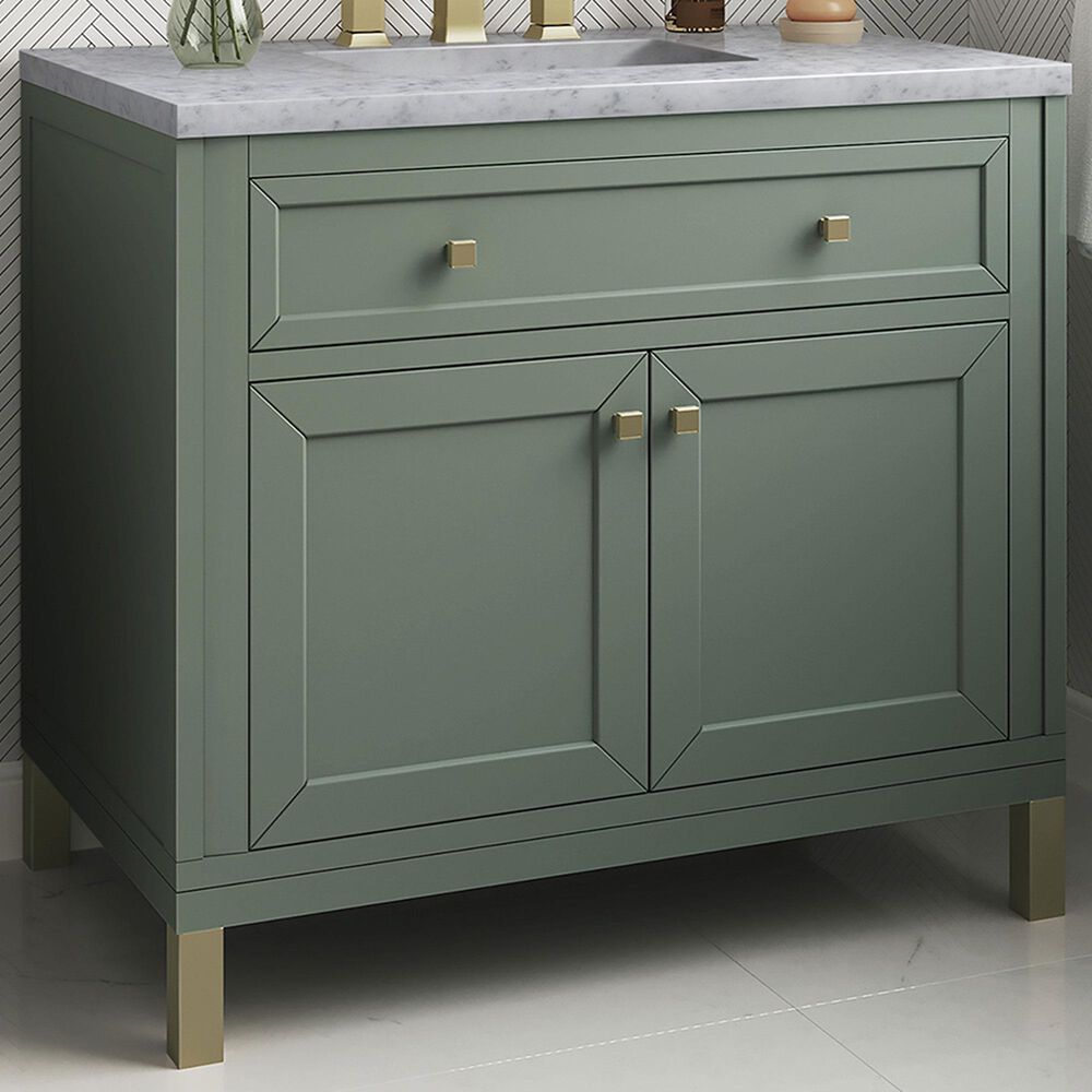 James Martin Chicago 36&quot; Single Bathroom Vanity in Smokey Celadon with 3 cm Carrara White Marble Top and Rectangular Sink, , large