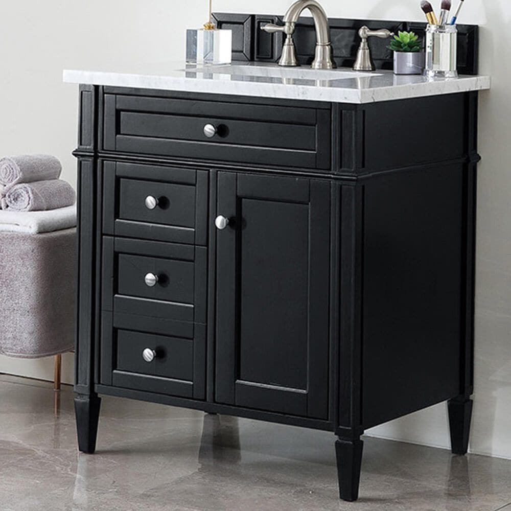 James Martin Brittany 30&quot; Single Bathroom Vanity in Black Onyx with 3 cm Carrara White Marble Top and Rectangle Sink, , large