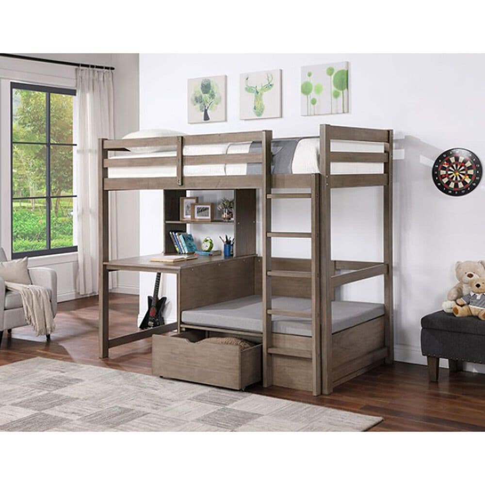 Furniture of America Callistus Twin Workstation Loft Bed in Warm Gray with Cushion, , large