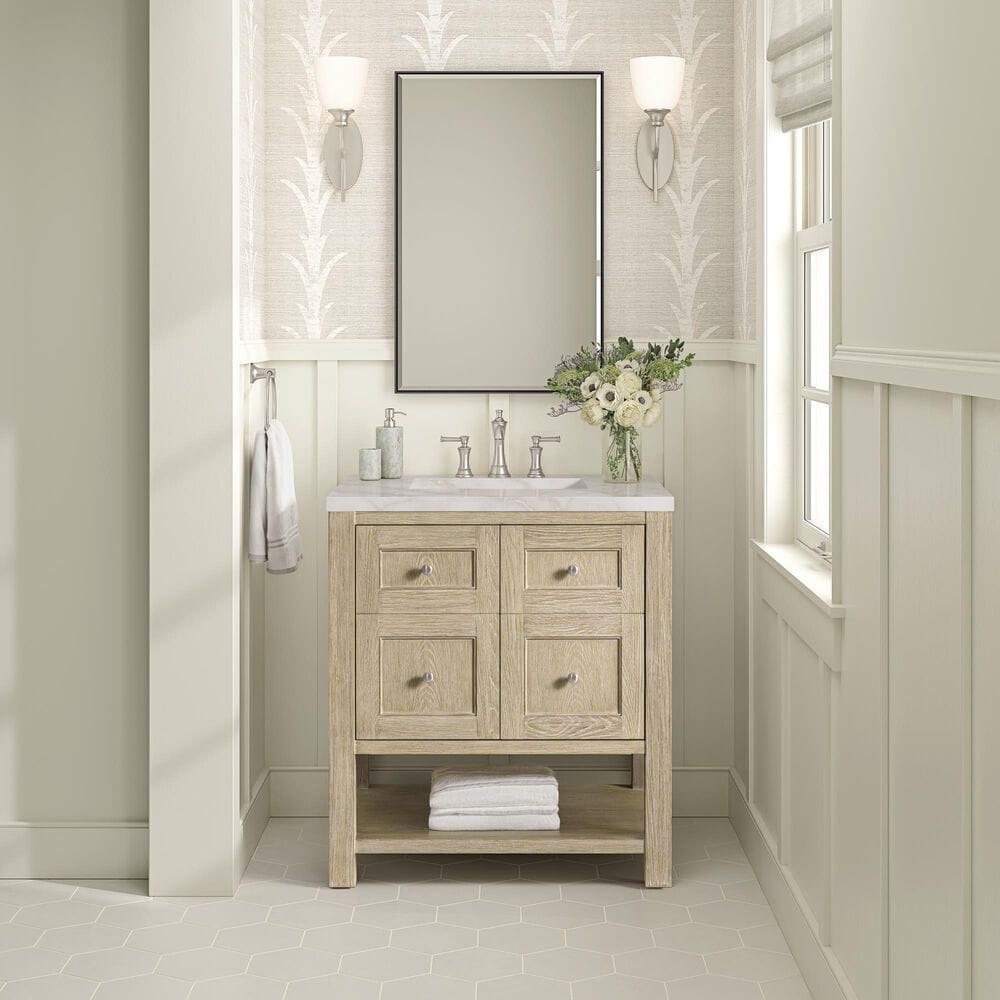 James Martin Breckenridge 30&quot; Single Vanity in Whitewashed Oak with 3 cm Victorian Silver Quartz Top, , large