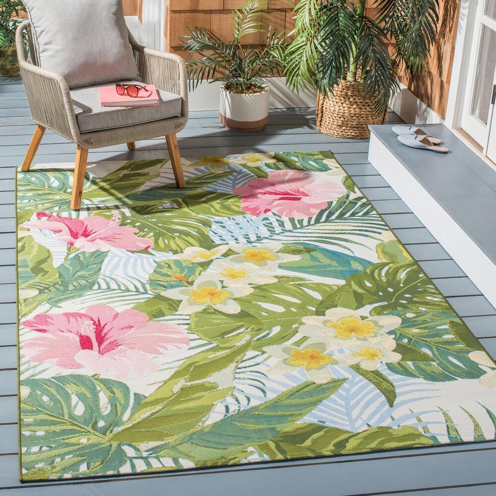Safavieh Barbados Tropical Floral 6&#39;6&quot; x 9&#39;4&quot; Green and Pink Indoor/Outdoor Area Rug, , large