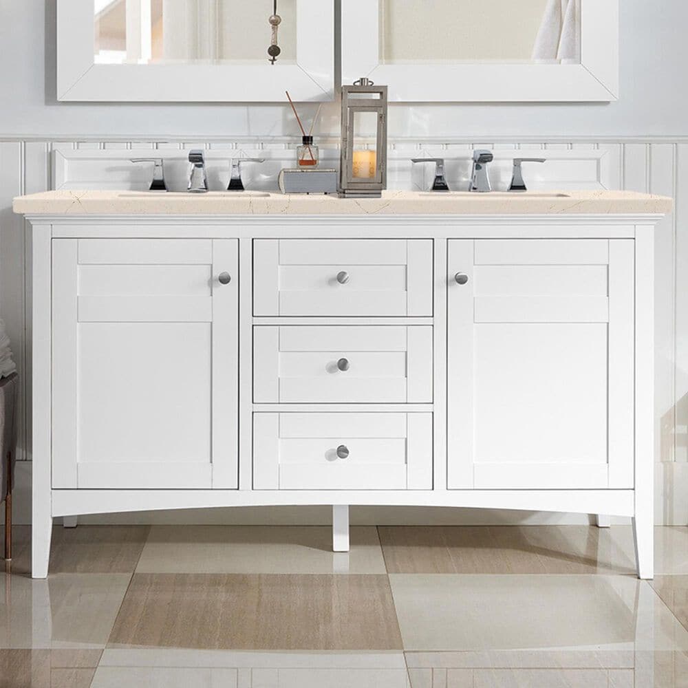 James Martin Palisades 60&quot; Double Bathroom Vanity in Bright White with 3 cm Eternal Marfil Quartz Top and Rectangular Sinks, , large