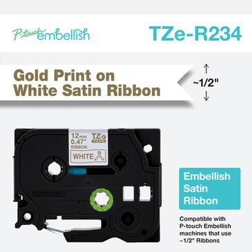 Brother P-touch Embellish Gold Print on White Satin Ribbon 12mm, , large