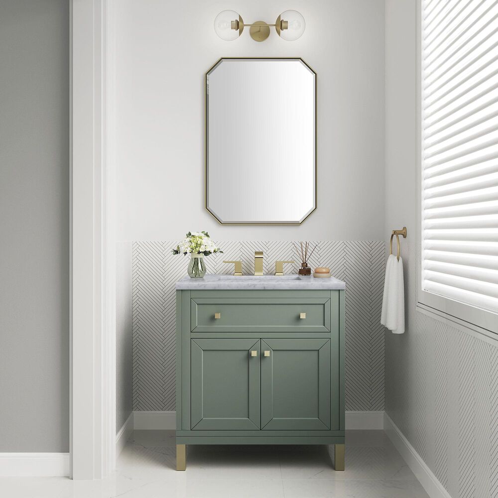 James Martin Chicago 30&quot; Single Bathroom Vanity in Smokey Celadon with 3 cm Carrara White Marble Top and Rectangular Sink, , large