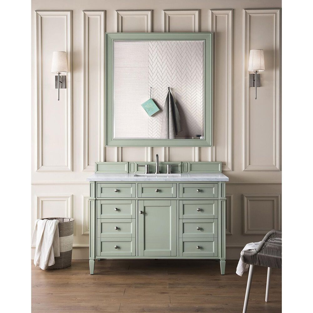 James Martin Brittany 48&quot; Single Bathroom Vanity in Sage Green with 3 cm Eternal Jasmine Pearl Quartz Top and Rectangular Sink, , large