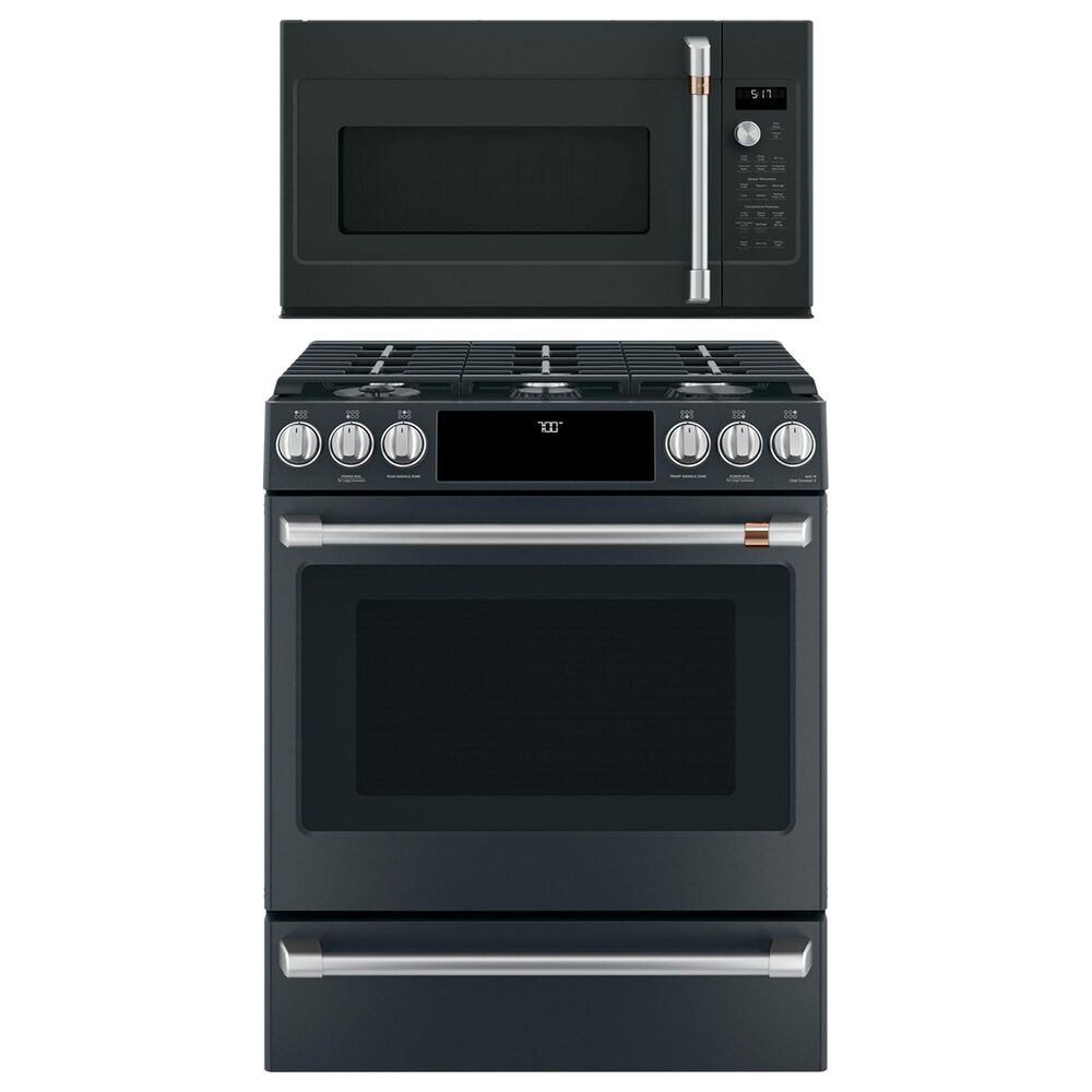 GE CAFE 2-Piece Kitchen Package with 30" Slide-In Gas Range and 1.7 Cu. Ft. Microwave Oven in Matte Black, , large