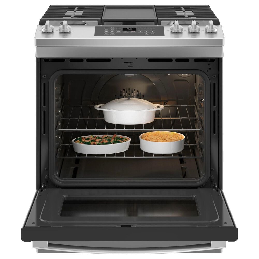 GE 2-Piece Kitchen Package with 30&quot; Smart Slide-In Front-Control Gas Range and 1.9 Cu. Ft. Microwave Oven in Stainless Steel, , large