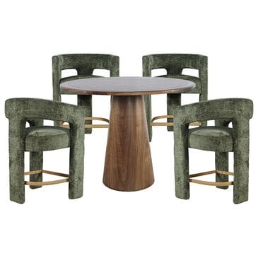 JOFRAN Gwen Pedestal Counter Table and 4 Chairs in Walnut Finish and Forest Green Upholstery, , large