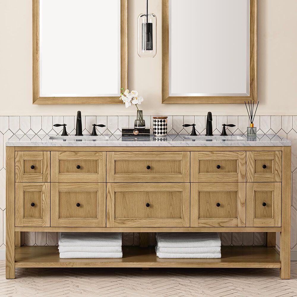 James Martin Breckenridge 72&quot; Double Bathroom Vanity in Light Natural Oak with 3 cm Carrara White Marble Top and Rectangular Sinks, , large
