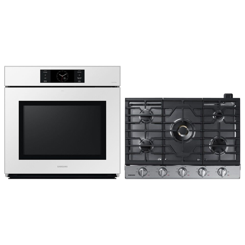 Samsung Bespoke 30" Single Electric Wall Oven with Convection in White Glass & 30" Gas Cooktop in Stainless Steel, , large