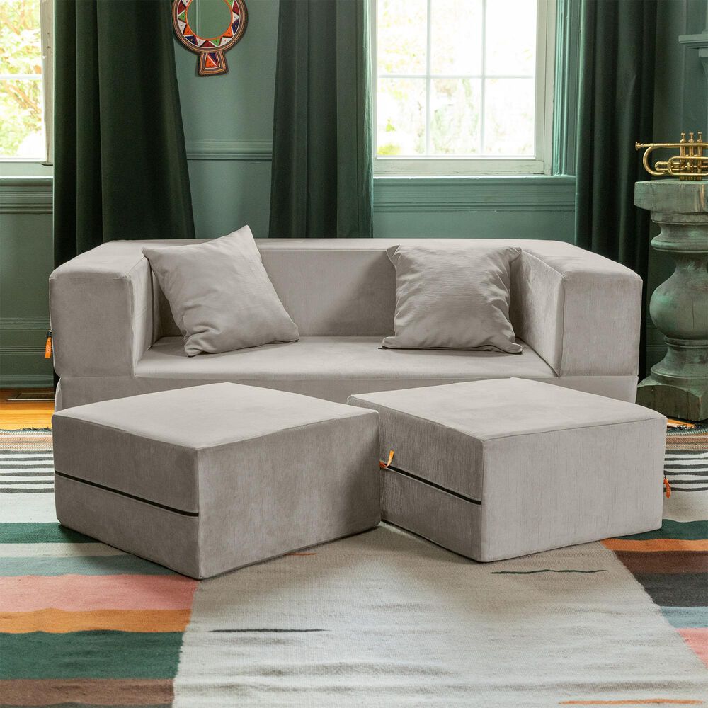 Jaxx Zipline Convertible Queen Sleeper Loveseat &amp; Ottomans in Pewter Velvet, , large