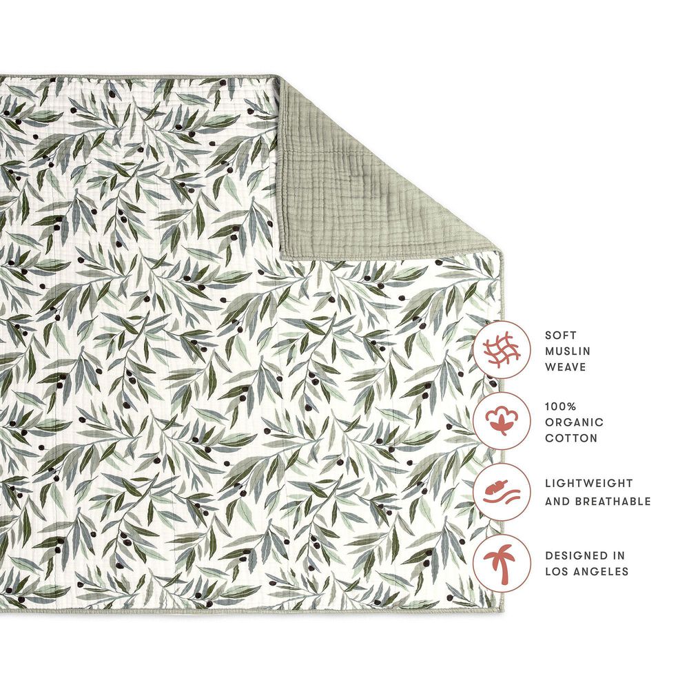 New Haus Olive Branches Muslin Quilt in Green and White, , large