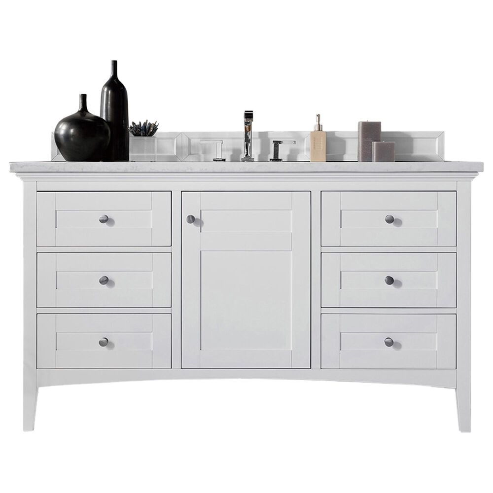 James Martin Palisades 60" Single Bathroom Vanity in Bright White with 3 cm Eternal Jasmine Pearl Quartz Top and Rectangular Sink, , large