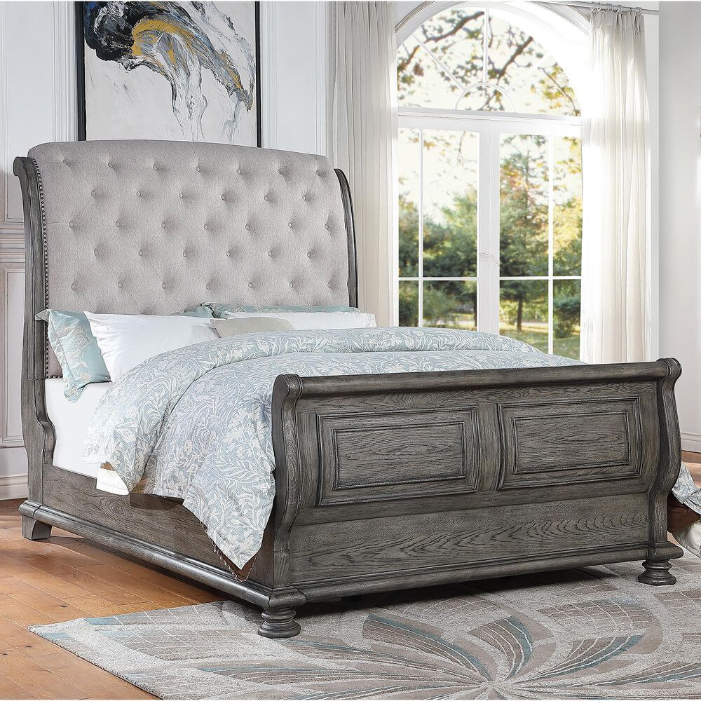 Sasha Lee Lakeway Queen Sleigh Upholstered Button Tufted Bed in Sandblast Gray Finish, , large