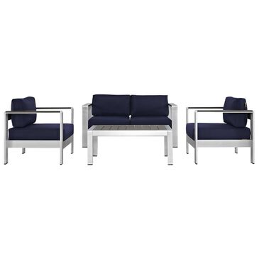 Modway Shore 4-Piece Outdoor Aluminum Conversation Set in Silver and Navy, , large