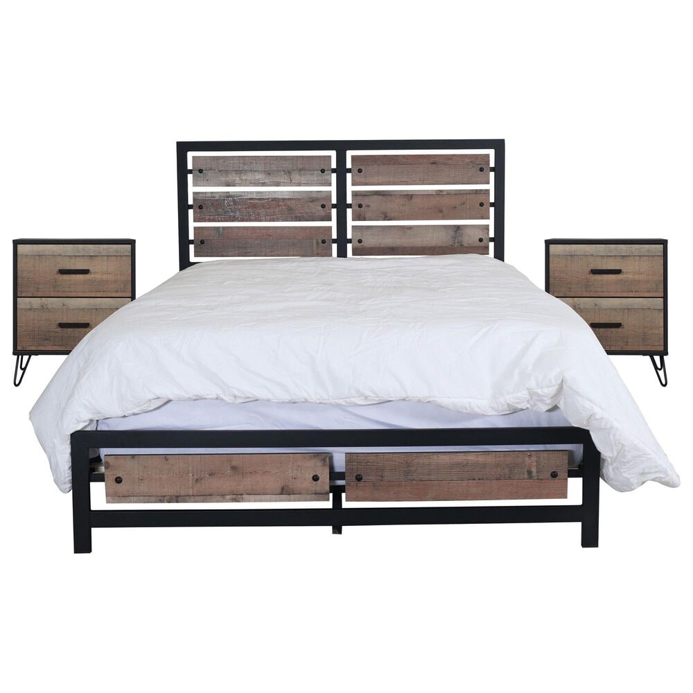 New Heritage Design Elk River King Bed and Two Nightstands in Rustic Brown and Black, , large