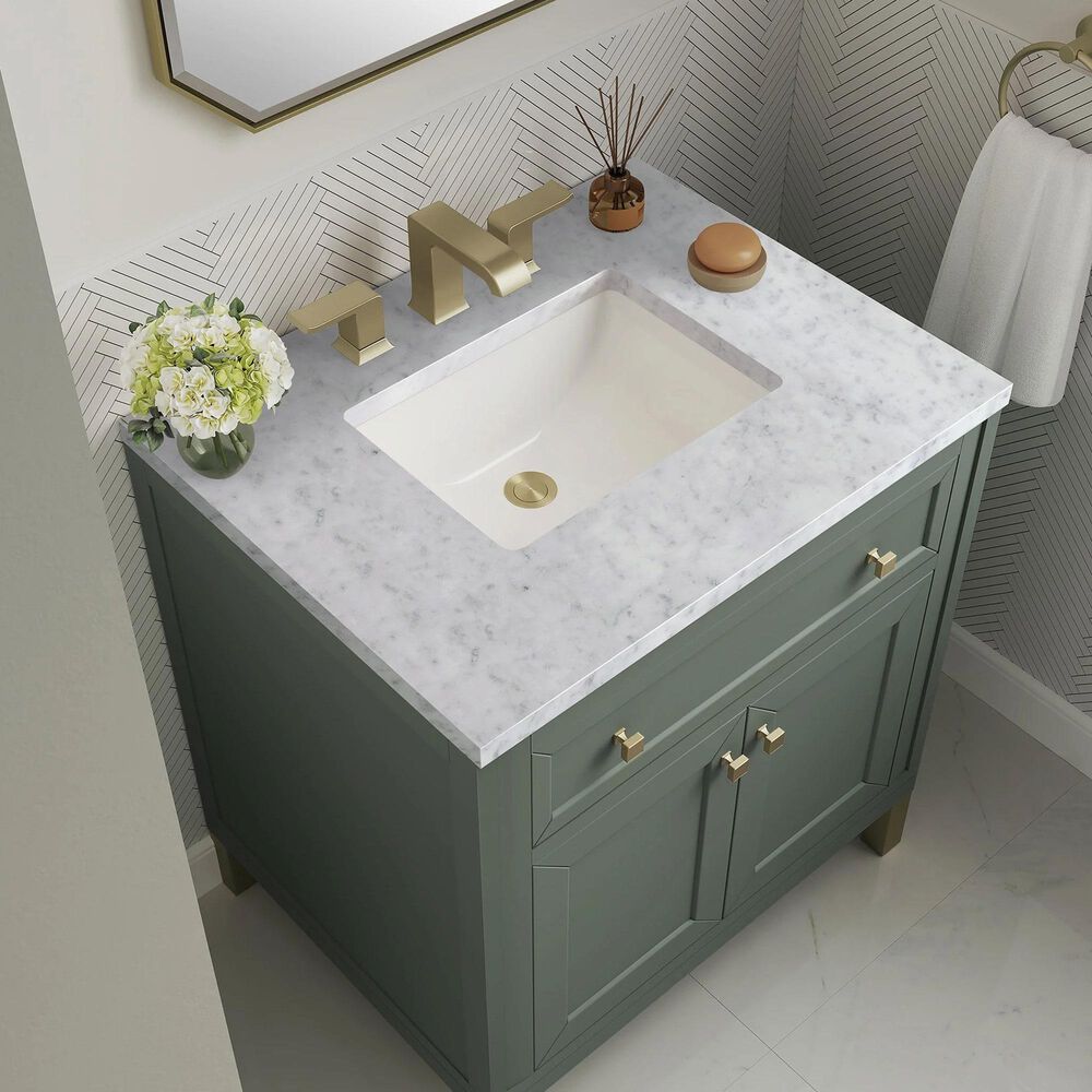 James Martin Chicago 30&quot; Single Bathroom Vanity in Smokey Celadon with 3 cm Carrara White Marble Top and Rectangular Sink, , large