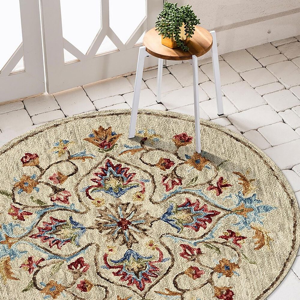 L&amp;R Resources Sinuous Floral Oasis 4&#39; Round Beige Area Rug, , large