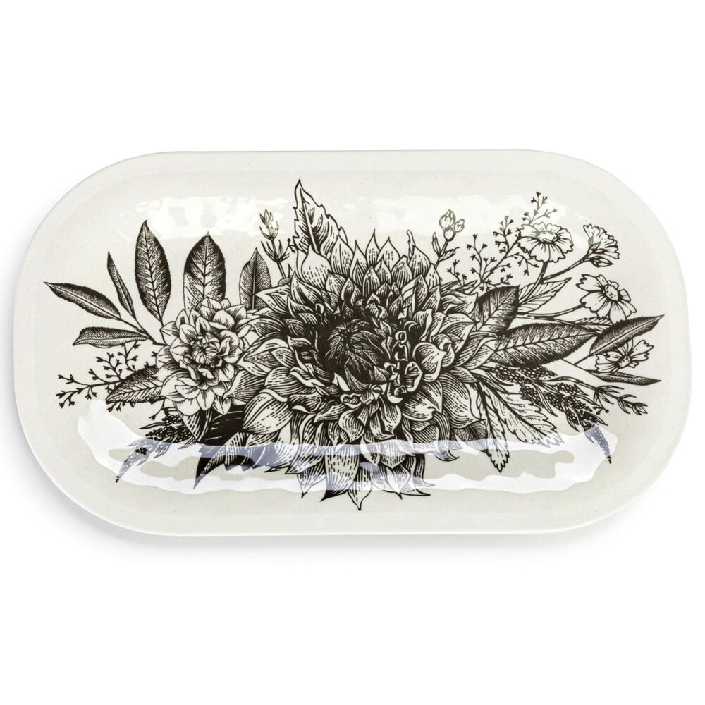 Demdaco Bydesign Rectangular Melamine Floral Platter in White with Black Line Drawn, , large