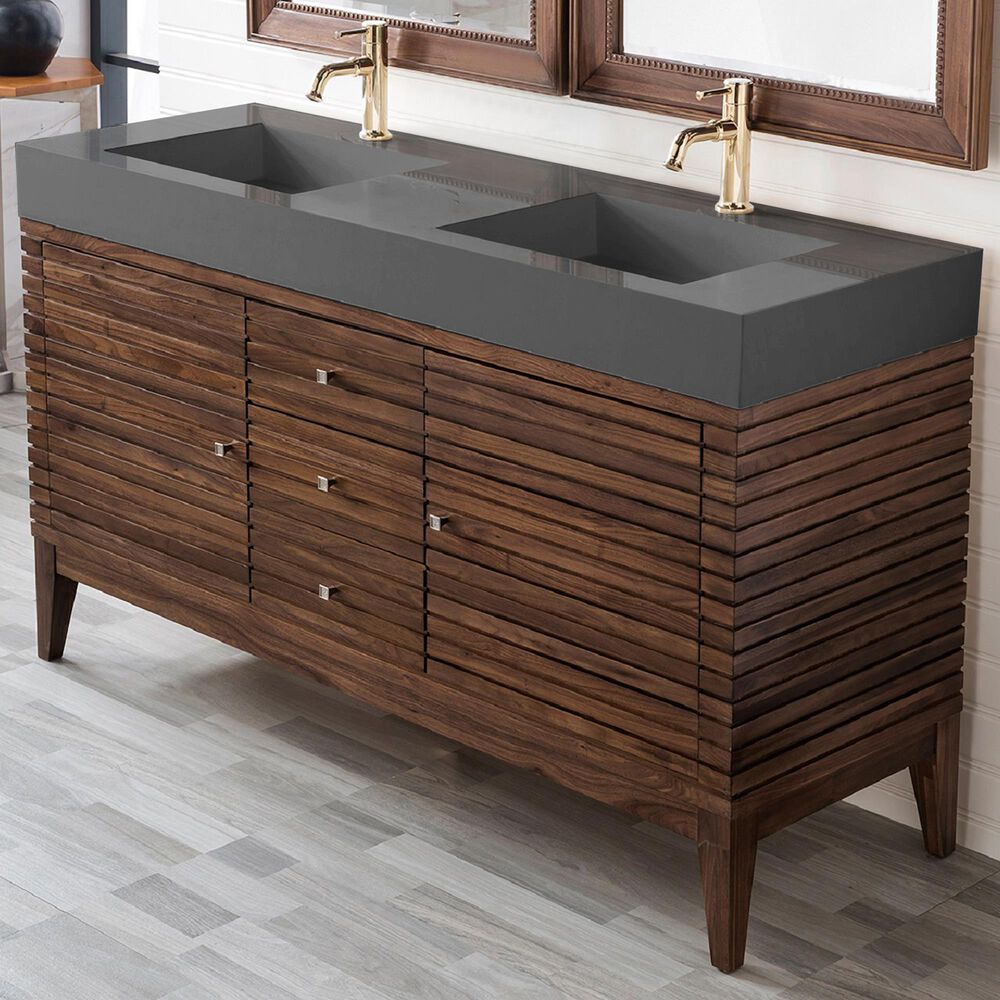 59 Floating White & Brown Bathroom Vanity Set with Double Sink Two Shelves