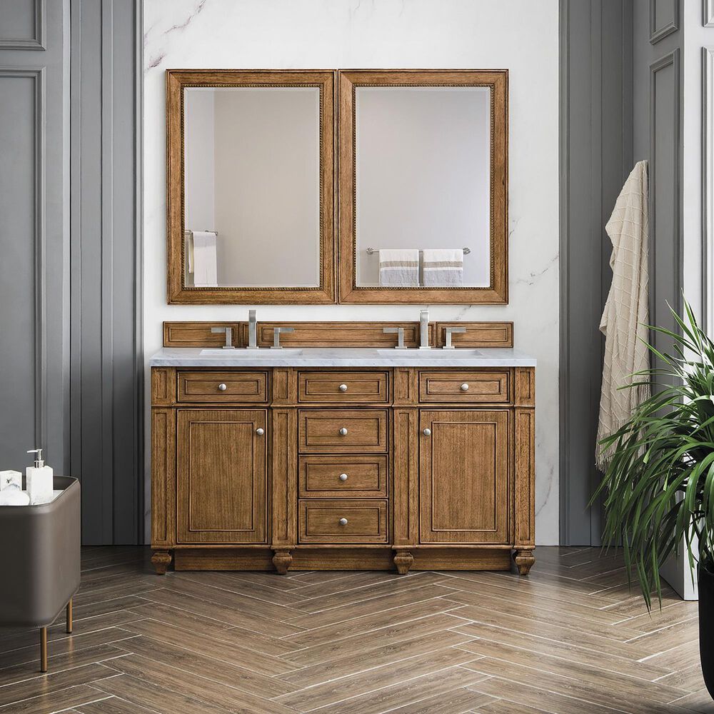James Martin Bristol 60&quot; Double Bathroom Vanity in Saddle Brown with 3 cm Carrara White Marble Top and Rectangular Sink, , large