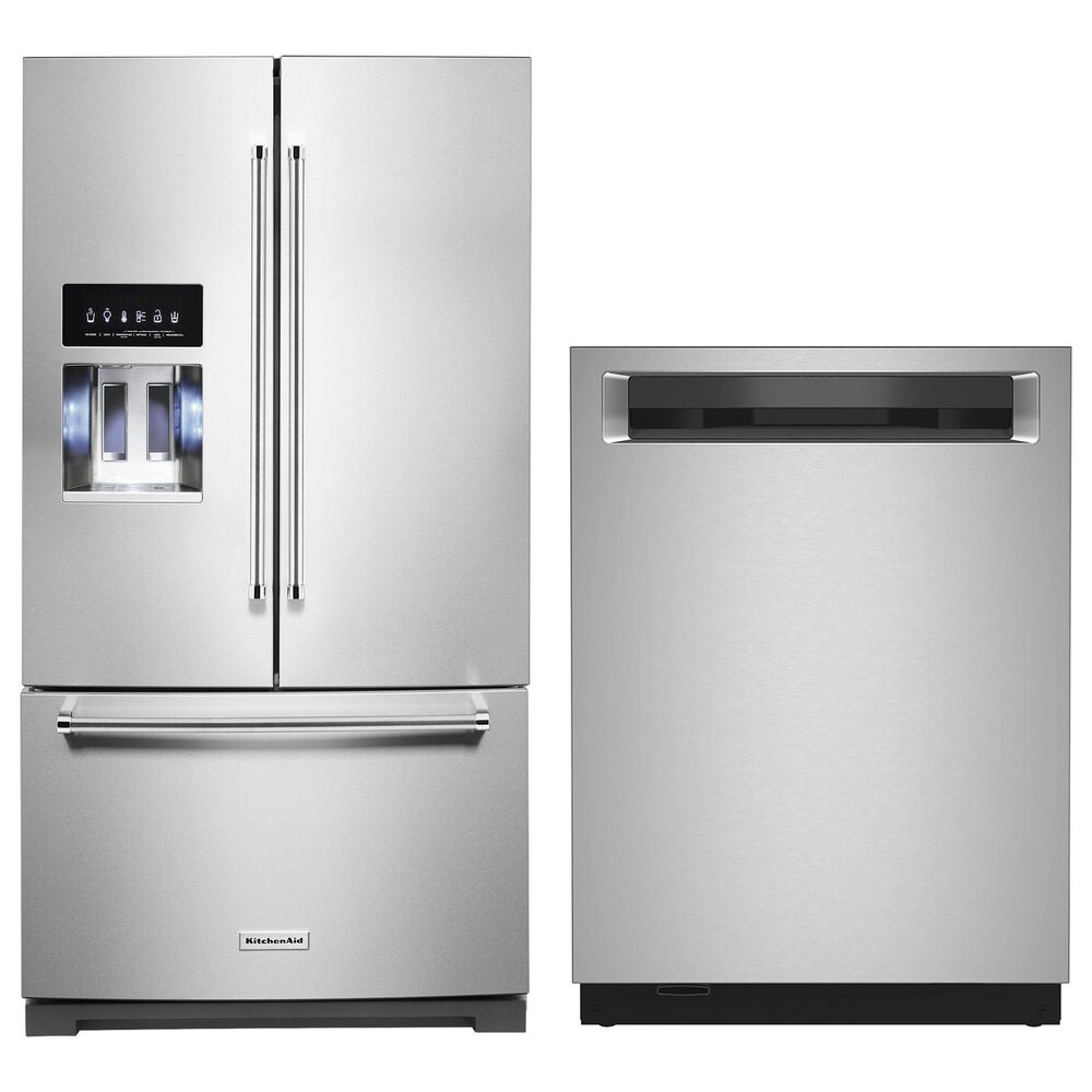 Kitchenaid 2-Piece Kitchen Package with 26.8 Cu. Ft. Refrigerator and 24" Built In Pocket Handle Dishwasher in Stainless Steel, , large