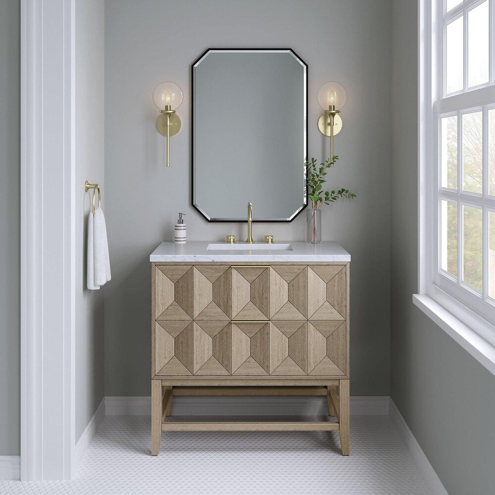 James Martin Emmeline 36&quot; Single Bathroom Vanity in Pebble Oak with 3 cm Arctic Fall Solid Surface Top and Rectangular Sink, , large