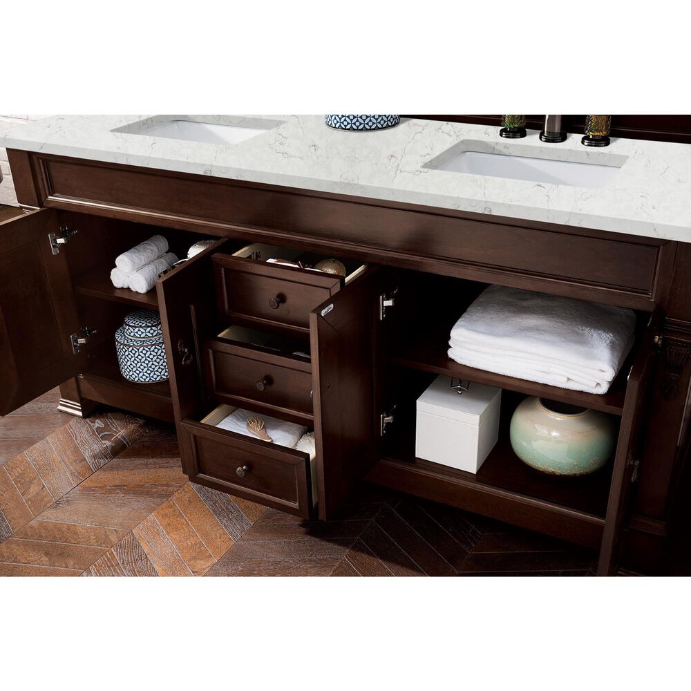 James Martin Brookfield 72&quot; Double Bathroom Vanity in Burnished Mahogany with 3 cm Eternal Jasmine Pearl Quartz Top and Rectangle Sink, , large