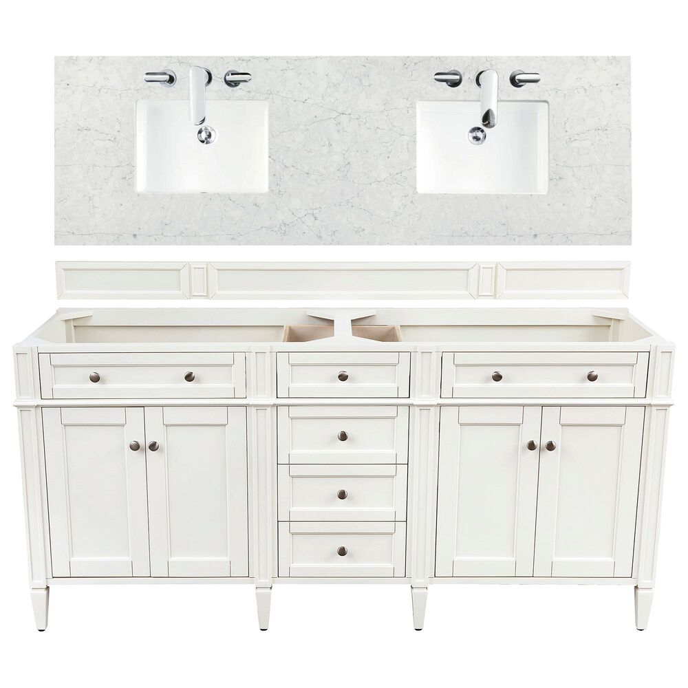 James Martin Brittany 72" Double Bathroom Vanity in Bright White with 3 cm Eternal Jasmine Pearl Quartz Top and Rectangle Sinks, , large