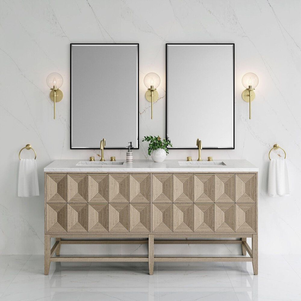 James Martin Emmeline 72&quot; Double Bathroom Vanity in Pebble Oak with 3 cm Carrara White Marble Top and Rectangular Sinks, , large