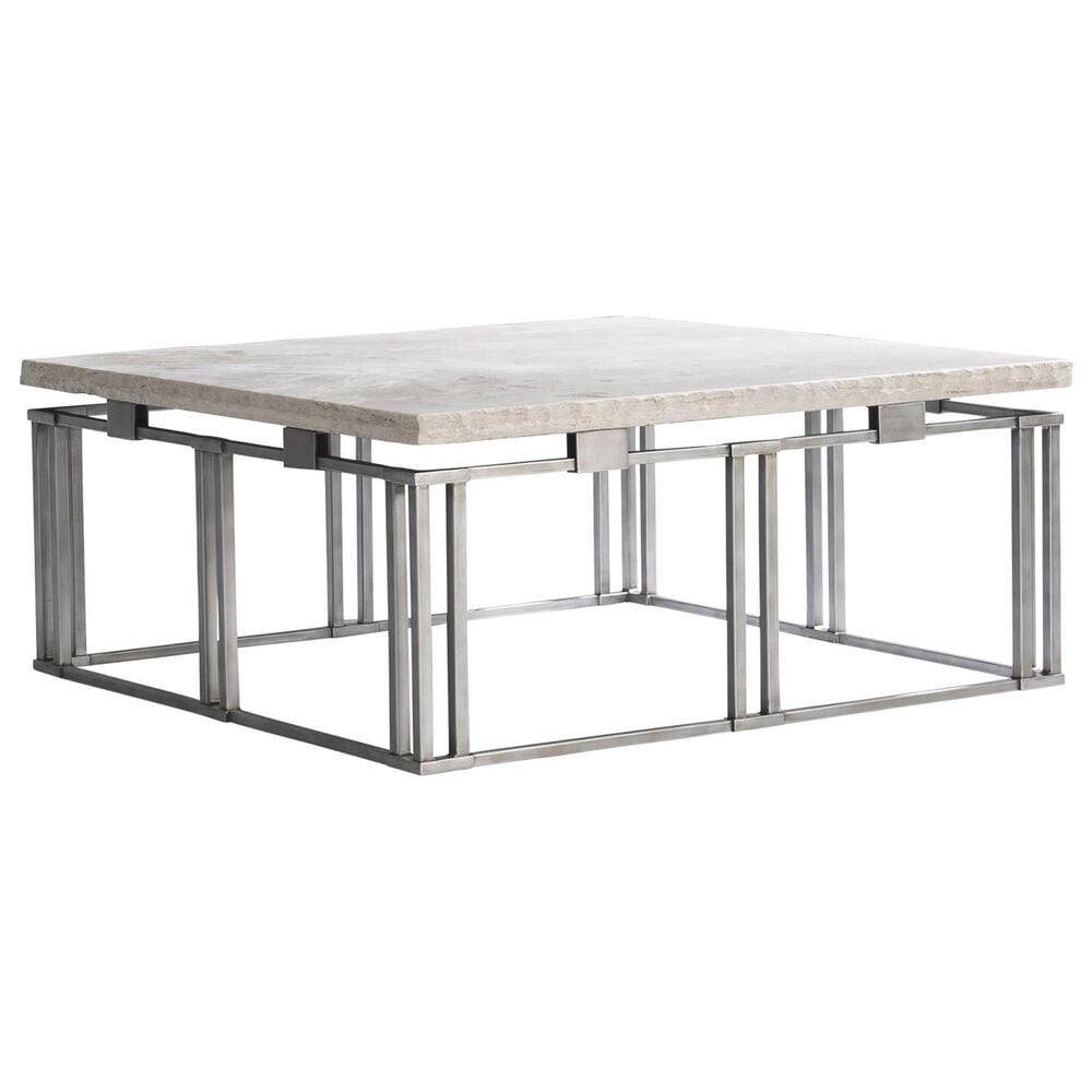 Bernhardt Riverton 40" Cocktail Table in Honed Bianco Travertine and Silver, , large