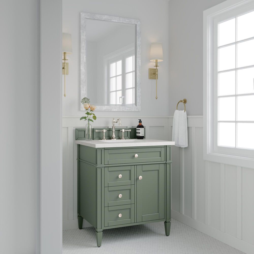 James Martin Brittany 30&quot; Single Bathroom Vanity in Smokey Celadon with 3 cm White Zeus Quartz Top and Rectangular Sink, , large